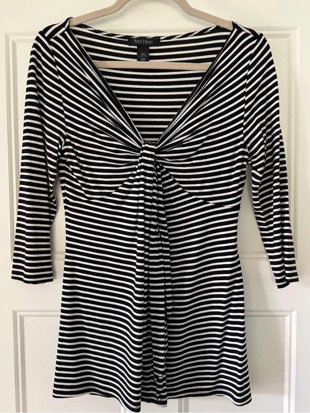 White House Black Market White/Black Striped V Neck 3/4 Sleeve Top